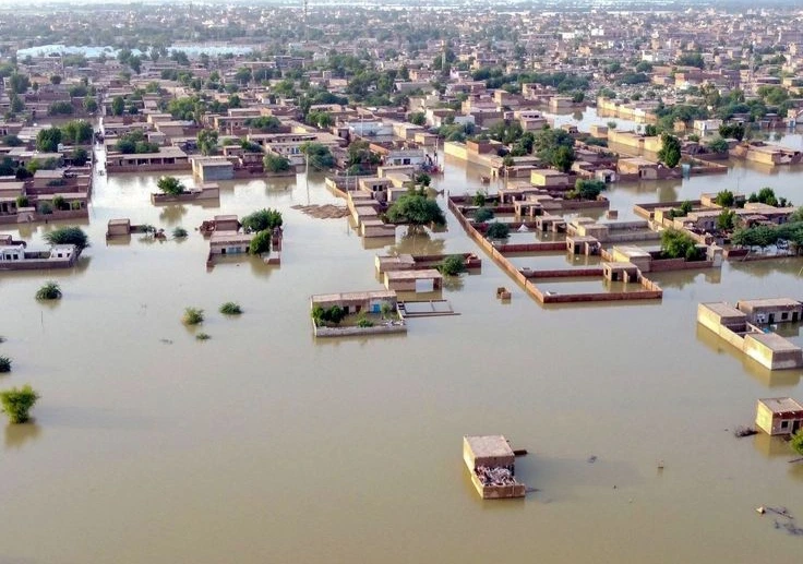 A flooded street in Lahore showing cars submerged in water next to modern housing society buildings.