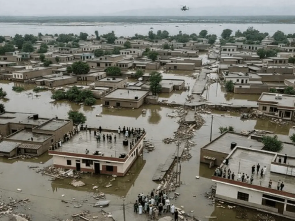 Flooded construction site in Lahore affected by Pakistan real estate investment challenges near Ravi River