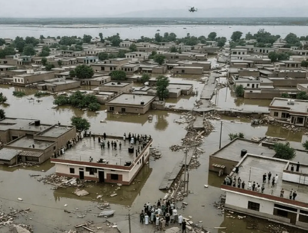 Flooded construction site in Lahore affected by Pakistan real estate investment challenges near Ravi River