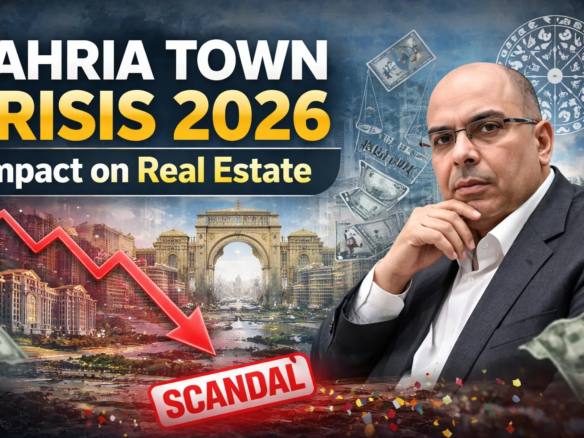 Bahria Town Crisis 2026 banner showcasing Malik Riaz with a stormy backdrop, financial decline symbols, and a 'SCANDAL' stamp highlighting the impact on Pakistan’s real estate market.