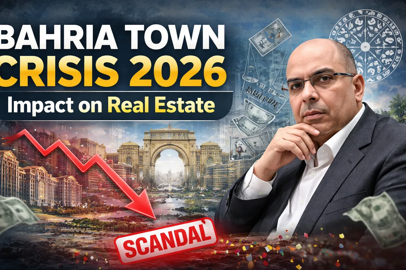 Bahria Town Crisis 2026 banner showcasing Malik Riaz with a stormy backdrop, financial decline symbols, and a 'SCANDAL' stamp highlighting the impact on Pakistan’s real estate market.