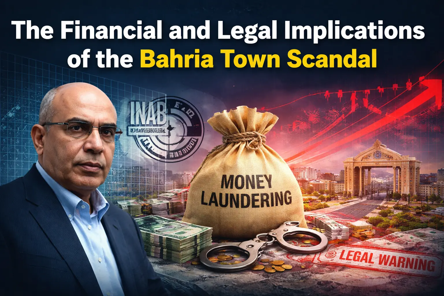 The Financial and Legal Implications of the Bahria Town Scandal, featuring Malik Riaz with money laundering imagery and legal symbols including NAB stamps, a burlap sack labeled 'Money Laundering', and stacks of currency.