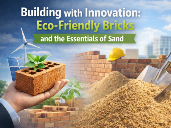 construction materials in Pakistan featuring eco-friendly bricks and sand used in modern sustainable building projects