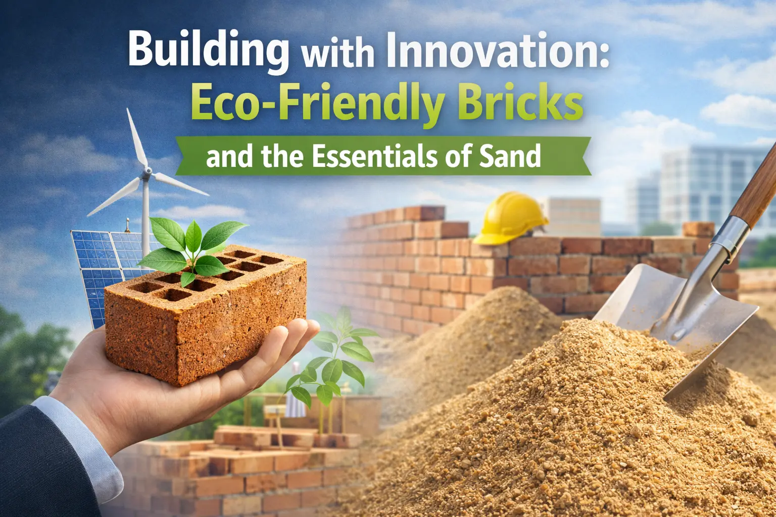 construction materials in Pakistan featuring eco-friendly bricks and sand used in modern sustainable building projects