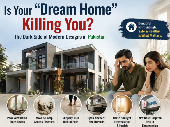 Modern house design dangers in Pakistan, highlighting risks like poor ventilation, mold, slippery tiles, and fire hazards. A concerned couple reflects on the potential health impacts of their dream home.