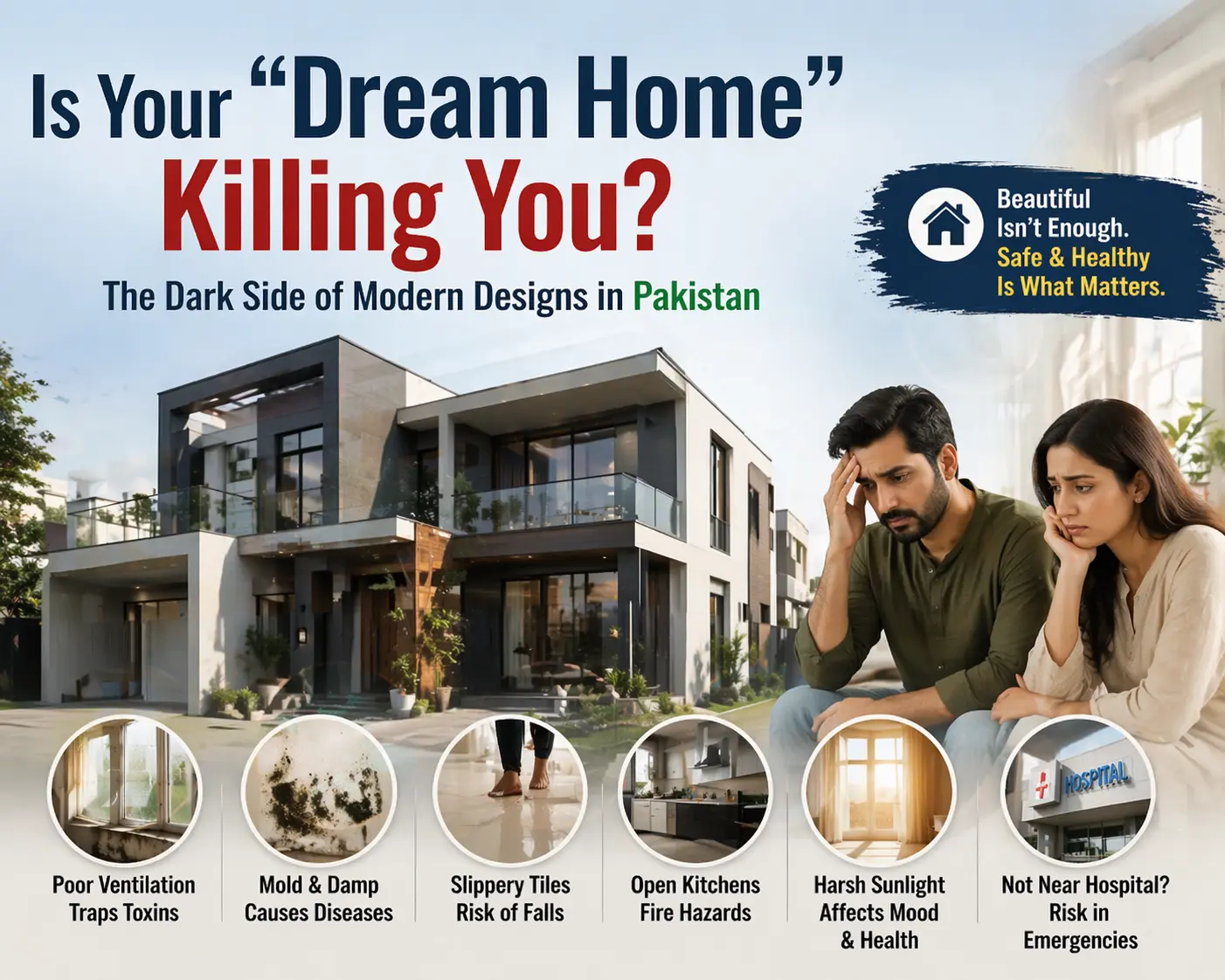 Modern house design dangers in Pakistan, highlighting risks like poor ventilation, mold, slippery tiles, and fire hazards. A concerned couple reflects on the potential health impacts of their dream home.