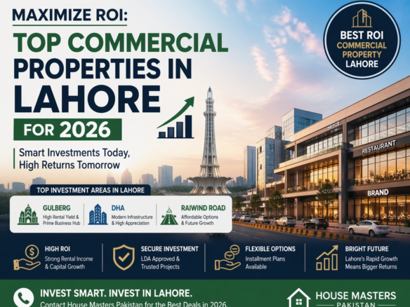 Marketing banner highlighting top commercial properties in Lahore for investment in 2026, featuring Gulberg, DHA, and Raiwind Road with a sleek cityscape backdrop, informative icons, and a strong call to action by House Masters Pakistan.