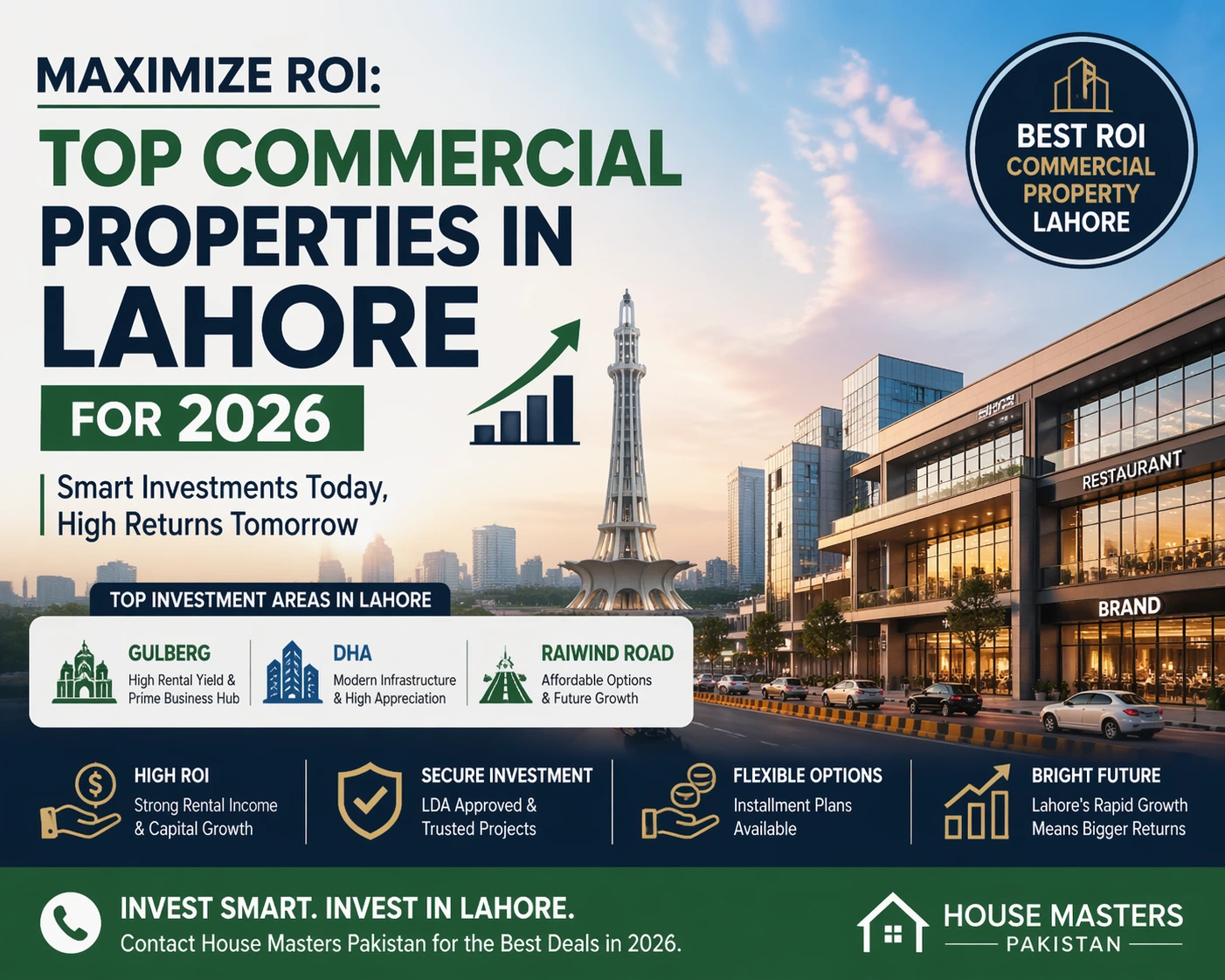 Marketing banner highlighting top commercial properties in Lahore for investment in 2026, featuring Gulberg, DHA, and Raiwind Road with a sleek cityscape backdrop, informative icons, and a strong call to action by House Masters Pakistan.