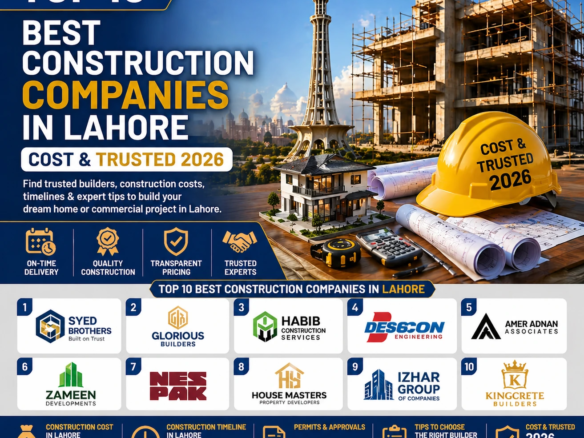 Top 10 Best Construction Companies in Lahore 2026, showcasing trusted builders, construction costs, timelines, and expert tips for home and commercial projects in Lahore. Includes company logos, key services, and cost details.