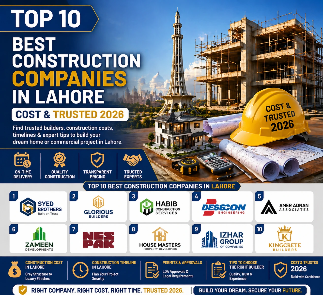 Top 10 Best Construction Companies in Lahore 2026, showcasing trusted builders, construction costs, timelines, and expert tips for home and commercial projects in Lahore. Includes company logos, key services, and cost details.