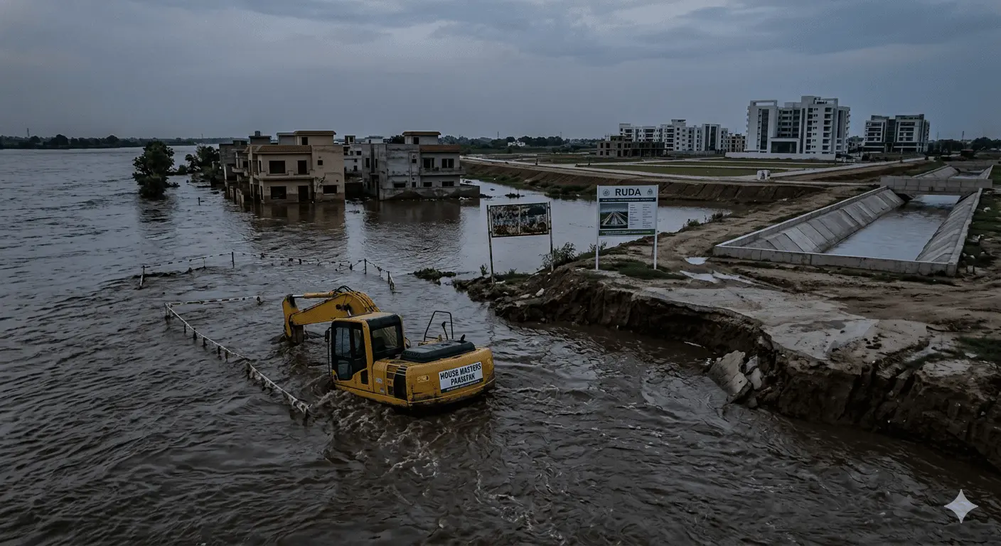 Conceptual 3D render showing Ravi River flooding impacting local construction vs. RUDA's modern engineered flood protection and riverfront development in Lahore, Pakistan.