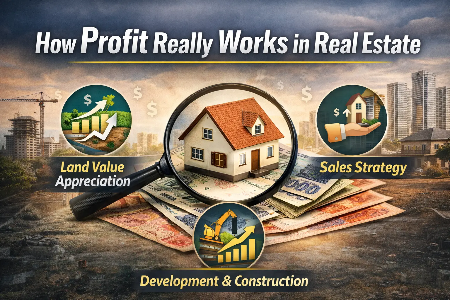 Infographic showing how profit really works in real estate in Pakistan through land value appreciation, development and construction, and sales strategy