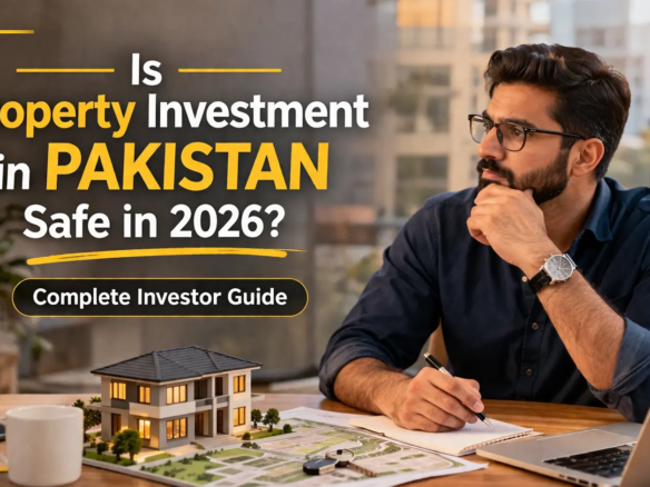 Property investment in Pakistan 2026 investor analyzing real estate market DHA Bahria Town safety guide