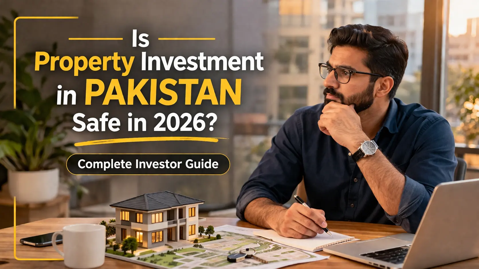 Property investment in Pakistan 2026 investor analyzing real estate market DHA Bahria Town safety guide