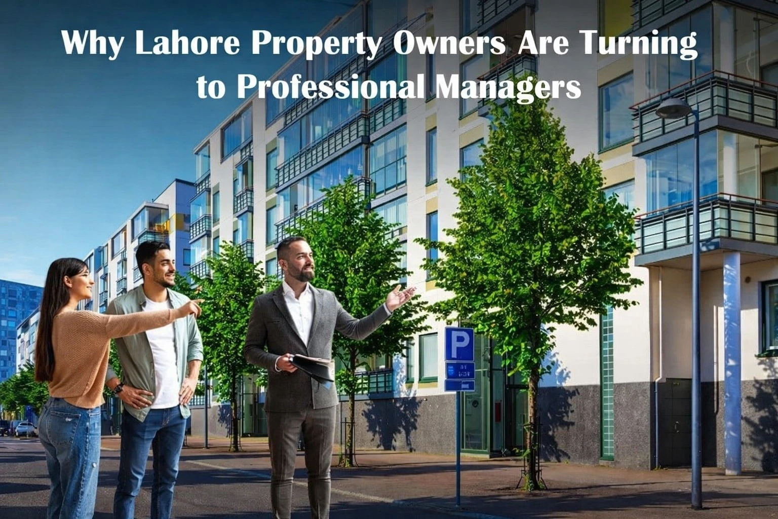 A professional property manager showing a residential building to a couple in Lahore, representing property management services in Lahore