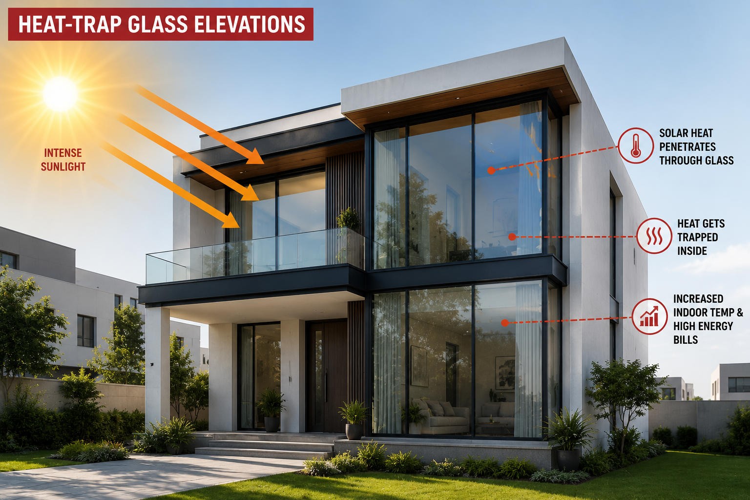 Heat trap glass elevation in Pakistani modern house