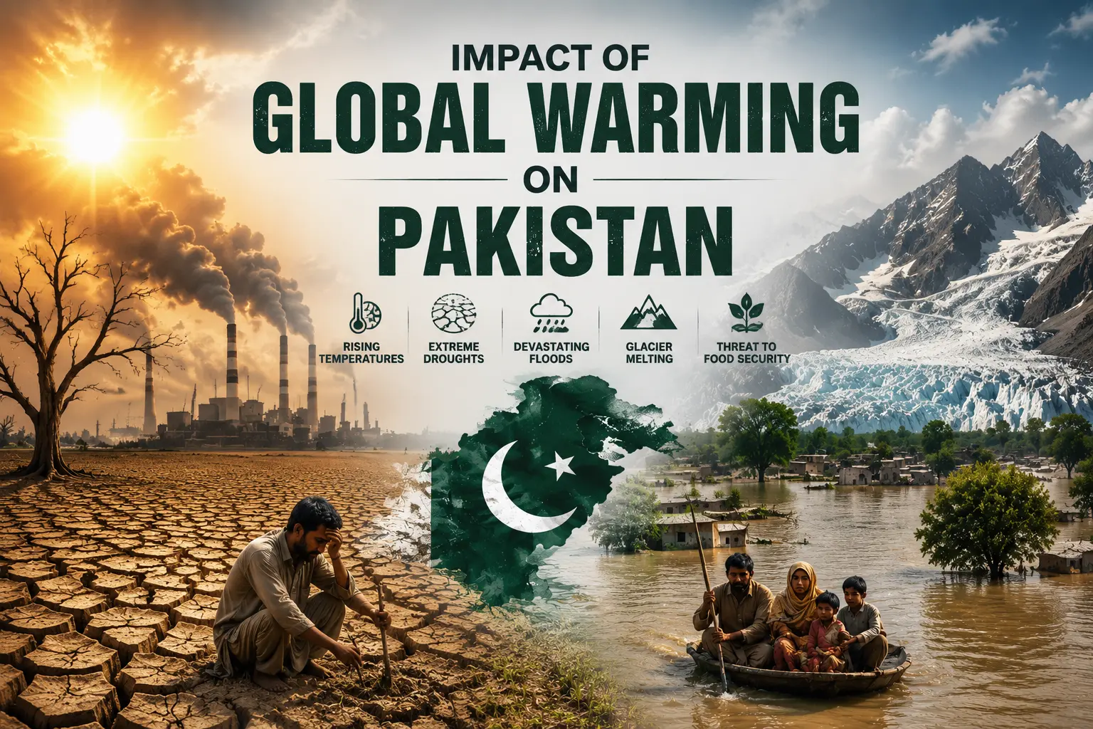 Flooded Sindh village showing the impact of global warming on Pakistan, 2022 floods